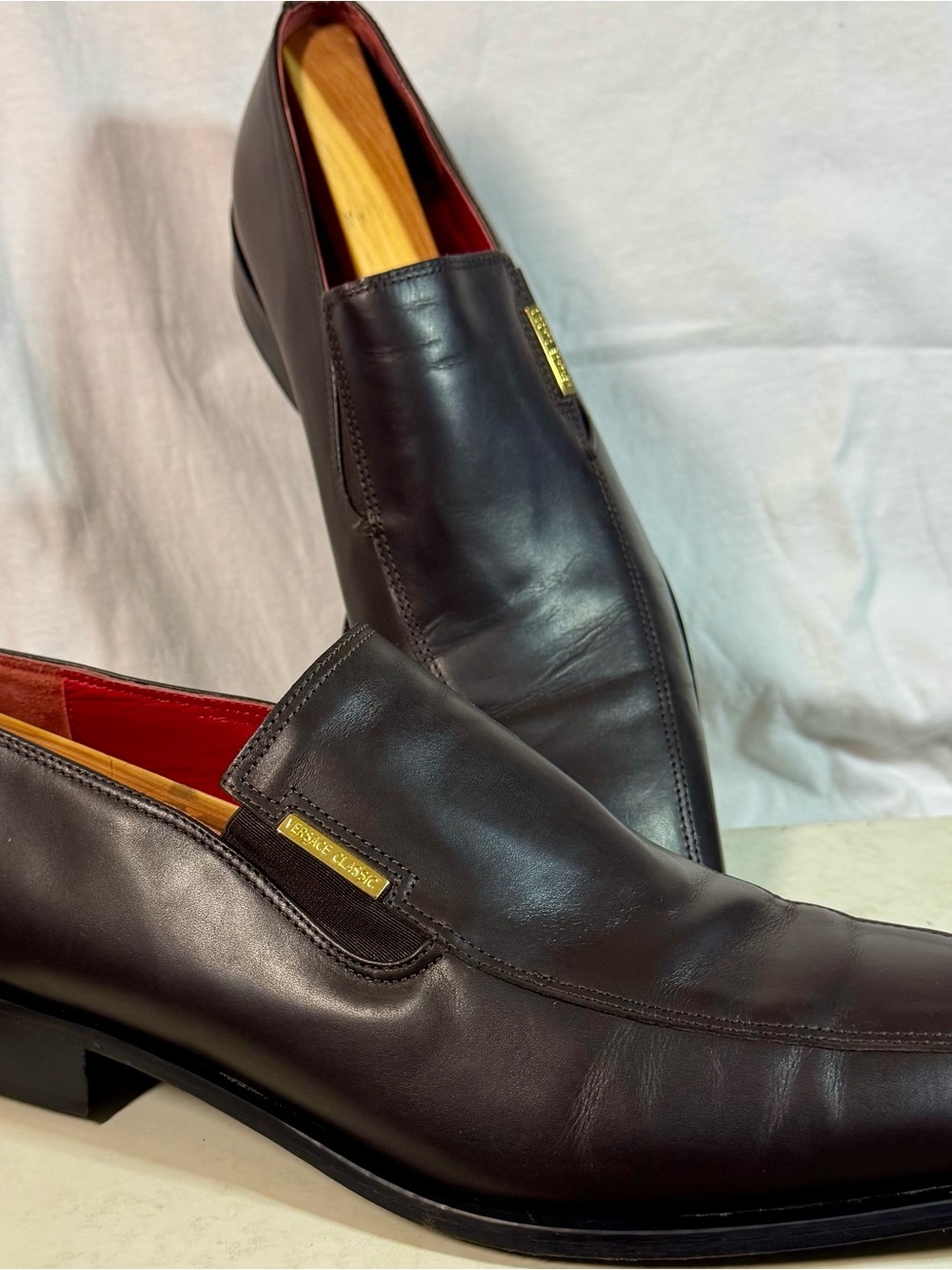 Versace Classic Men's Dark Brown Leather Slip-Ons with Gold Plaque